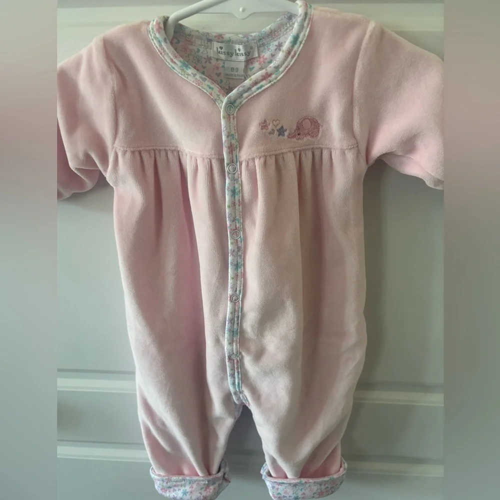 Kissy Kissy Pink Velour Floral-Trim Playsuit Size 0-3 M